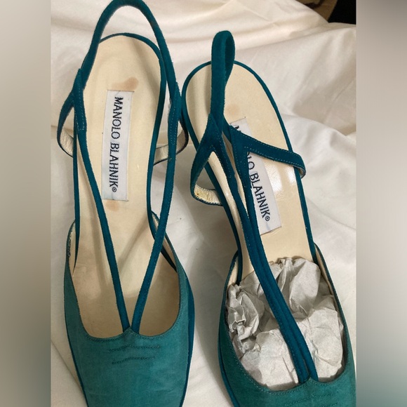 MANOLO BLAHNIK EUC Leather & Silk Slingbacks 6.5 Turquoise - Picture 4 of 6